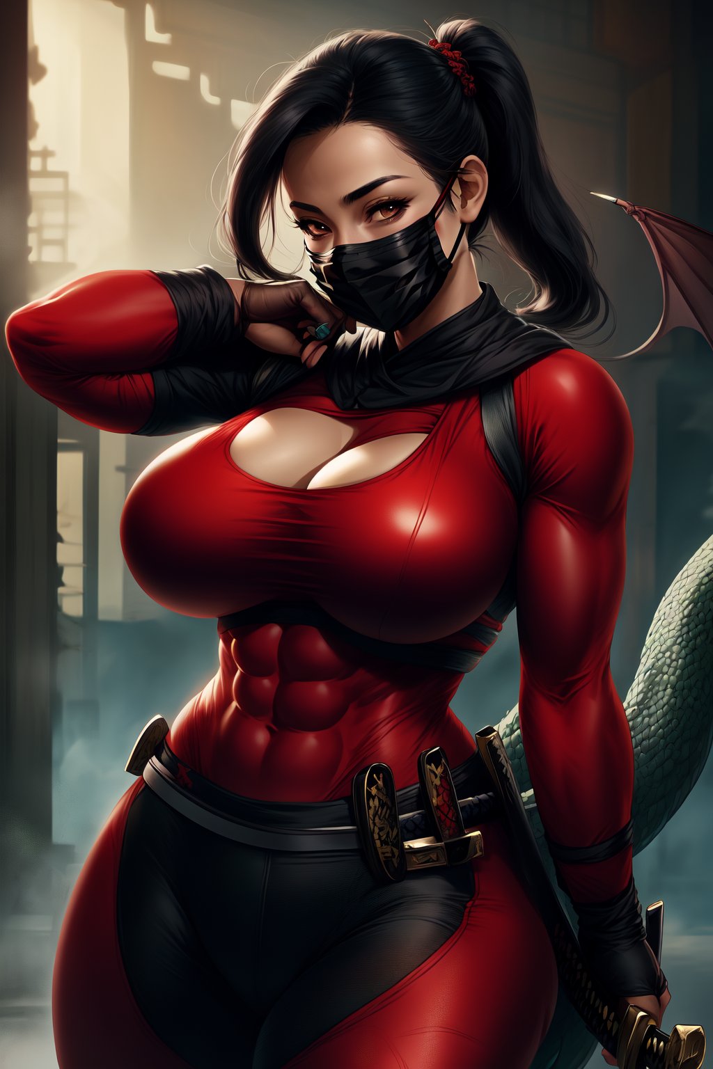 pony_tail, ,big_breasts,black_hair, body, abs, ,sexy,woman,tigh,protruding, sexy red body suit, high_resolution,katana, mouth mask,dragon big thigh 