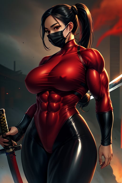 pony_tail, ,big_breasts,black_hair, muscular_body, abs, ,sexy,woman,tigh,protruding, sexy red body suit, high_resolution,katana, mouth mask,dragon big thigh 