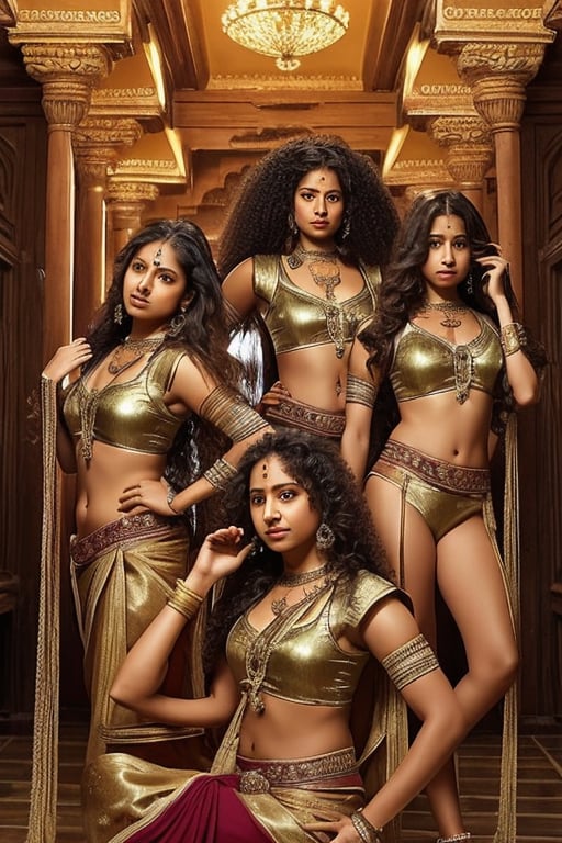 five strong Indian female warriors, sexy armour, long curly hair,  teenage twin sisters in saree, long shot, fantasy story,clear face, kalari pose
