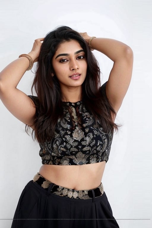 An Indian supermodel with a stunning face and body, wearing a half blouse that reveals her beautiful curves. White skin tone, desi girl , attractive face, beautiful full body