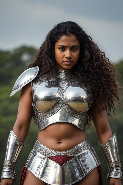35 year old fierce tamil warrior woman, silver armour, red breastplate, natural breasts, cleavage, thick waist, long curly brown hair, no jewels, front view, serious look