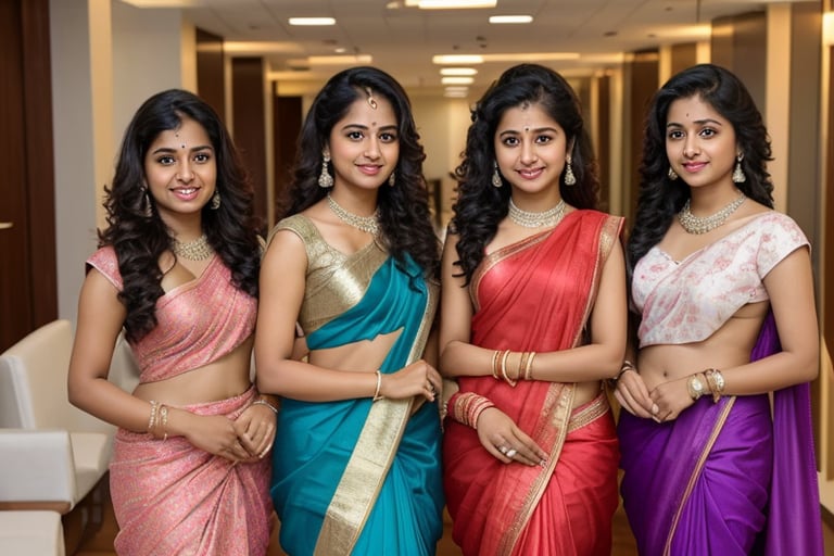 multiple strong Indian female princesses in corporate attire in office, long curly hair,  teenage twin sisters in saree, clear face, long shot, fantasy story,clear face, dance pose