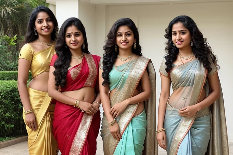 multiple strong Indian female princesses in corporate attire, long curly hair,  teenage twin sisters in saree, clear face, long shot, fantasy story,clear face, dance pose
