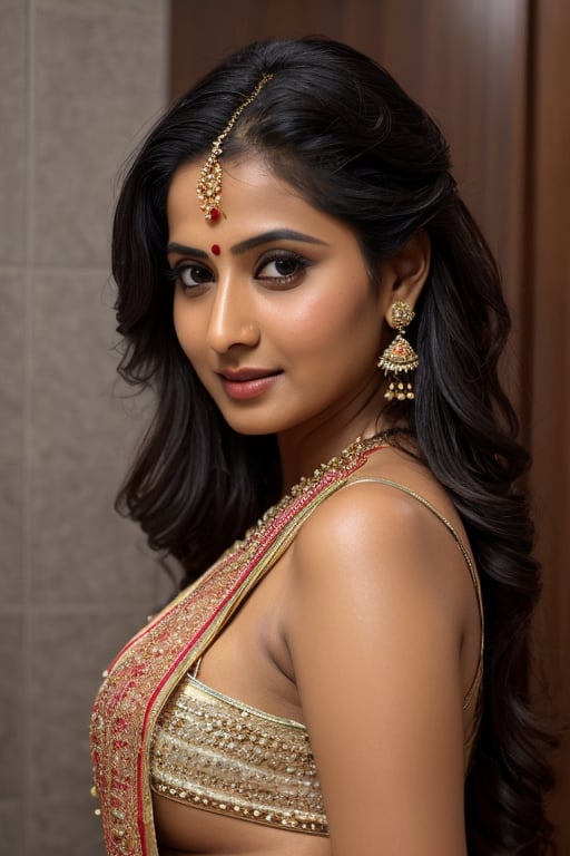 35 year old Indian women in traditional attire, long hair, detailed face, close shot, deep cleavage, saree, wide navel, clear face, wet in shower, side view