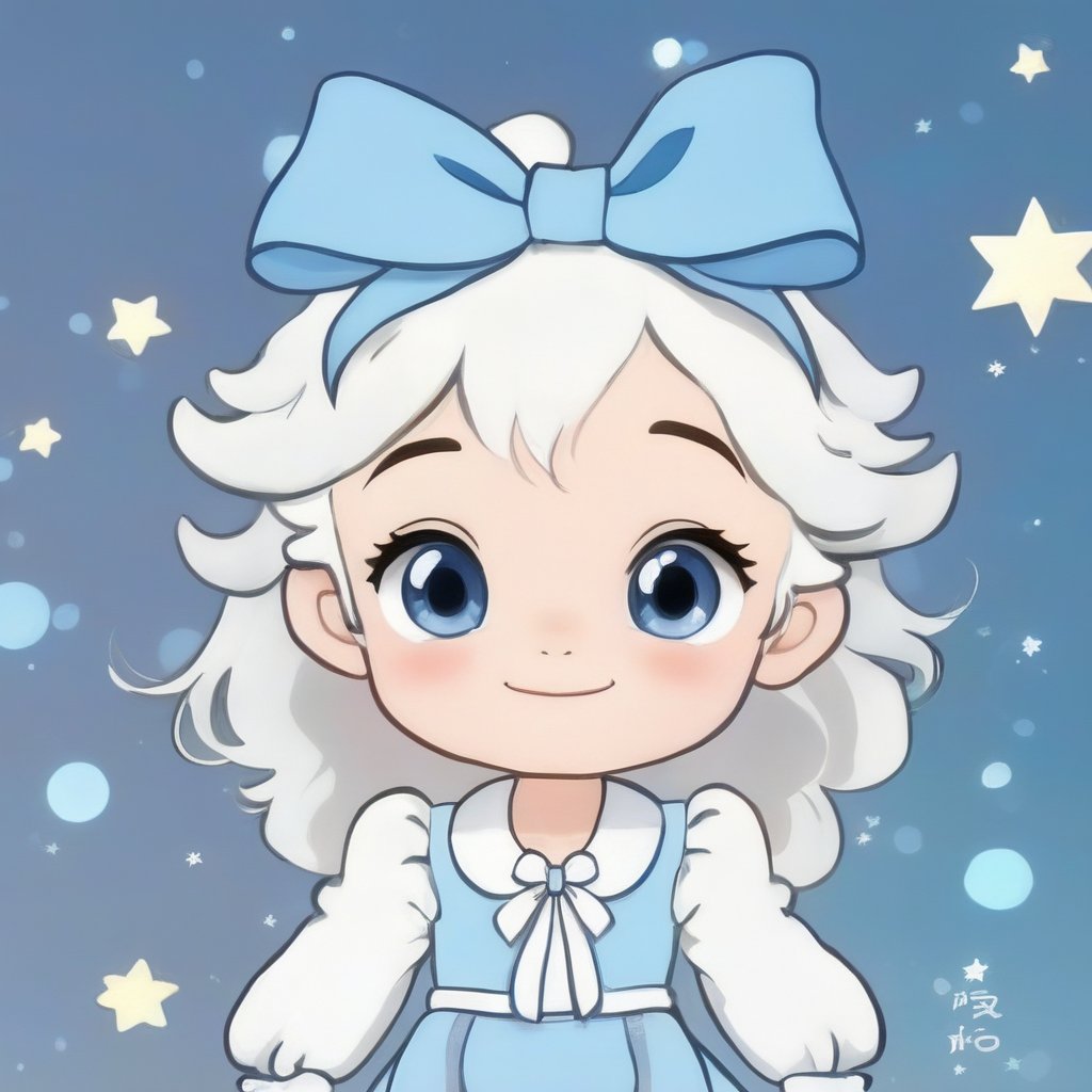 avatar cute, 1girl, solo, long hair, blush, smile, bangs, long sleeves, bow, ribbon, open mouth, blue eyes, upper body, white hair, hair bow, hairband, star (symbol), blue dress, blue bow, facing viewer