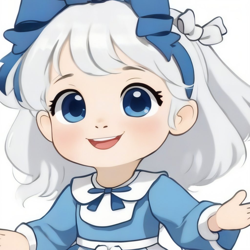 avatar cute, 1girl, solo, long hair, blush, smile, bangs, long sleeves, bow, ribbon, open mouth, blue eyes, upper body, white hair, hair bow, hairband, star (symbol), blue dress, blue bow, facing viewer