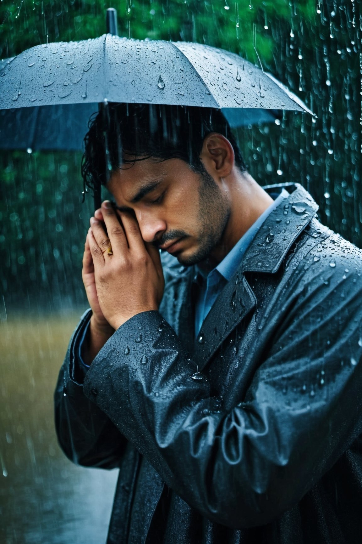 sadness man under the rain, consumed by sadness, pouring rain, intertwining raindrops and tears, weight of despair, hazy world, gloom, rhythmic patter of raindrops, sense of sadness and isolation