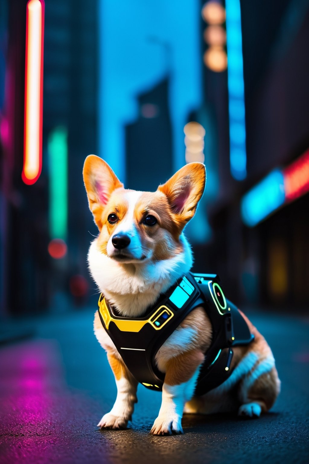 Capture a futuristic scene with a digital camera, featuring a corgi android in cyberpunk style. Use a Nikon D7500 with a 50mm lens for sharp detail. Utilize low key lighting to enhance the cyberpunk aesthetic, creating a mysterious atmosphere. Frame the shot with the corgi android as the focal point, positioned at a low angle to convey its dominance. Experiment with neon colors to emphasize the futuristic theme. Let your creativity shine through in this unique and imaginative photo composition.