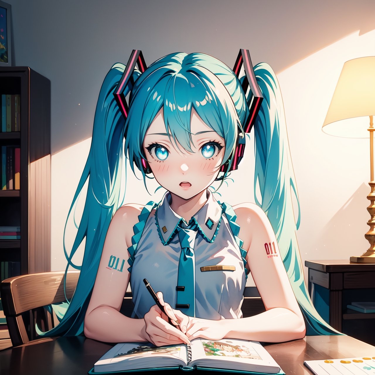 (Artwork), (masterpiece), (incredible illustration), (Pixiv anime), (watercolor), (best quality), (extremely detailed 8k CG wallpaper), (eye, face, expression details), a cute girl, long blue hair, intense bright green eyes, hair styled in pigtails, background of a teenager's room with various items, a desk with a notebook, a lamp, indirect linear lighting. ,mikudef,(Hatsune Miku, glowing eyes)