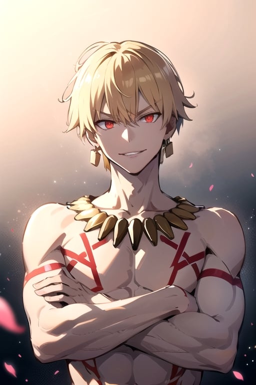 AGGA_ST006, masterpiece, , GilgameshTopless, solo, looking at viewer, smile, short hair, blonde hair, red eyes, 1boy, jewelry, male focus, earrings, necklace, armor, tattoo, glowing, chain, crossed arms, glowing eyes, topless male, gold armor, upper body, backlit, gold background, head tilt, smirk, parted lips, bright background, (glowing chains), (overexposure), petals, light particles, embers