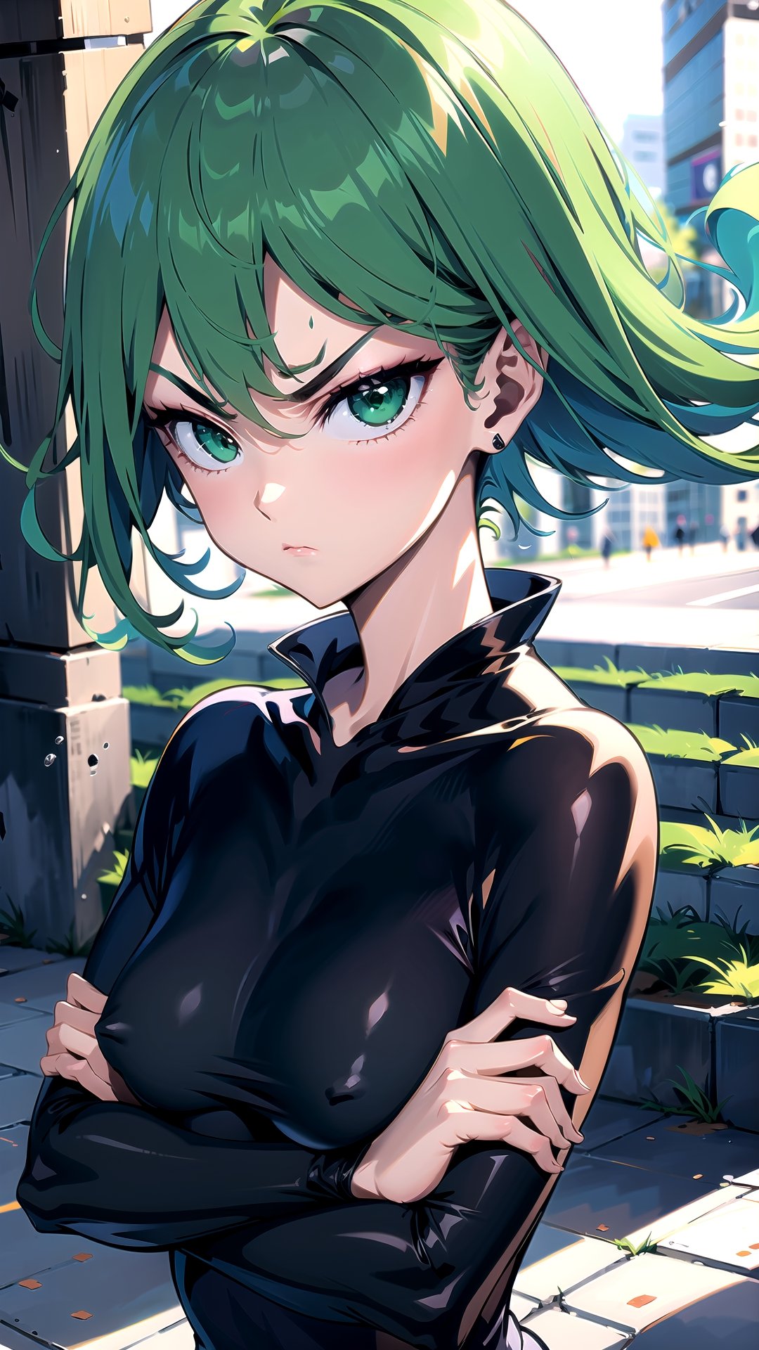 masterpiece, best quality, (detailed background), (beautiful detailed face, beautiful detailed eyes), absurdres, highres, ultra detailed, masterpiece, best quality, detailed eyes, :(, frown, green_eyes, green hair, crossed_arms, folded arms, floating, dark green tight dress, long_sleeves, high collar, ,AGGA_ST007