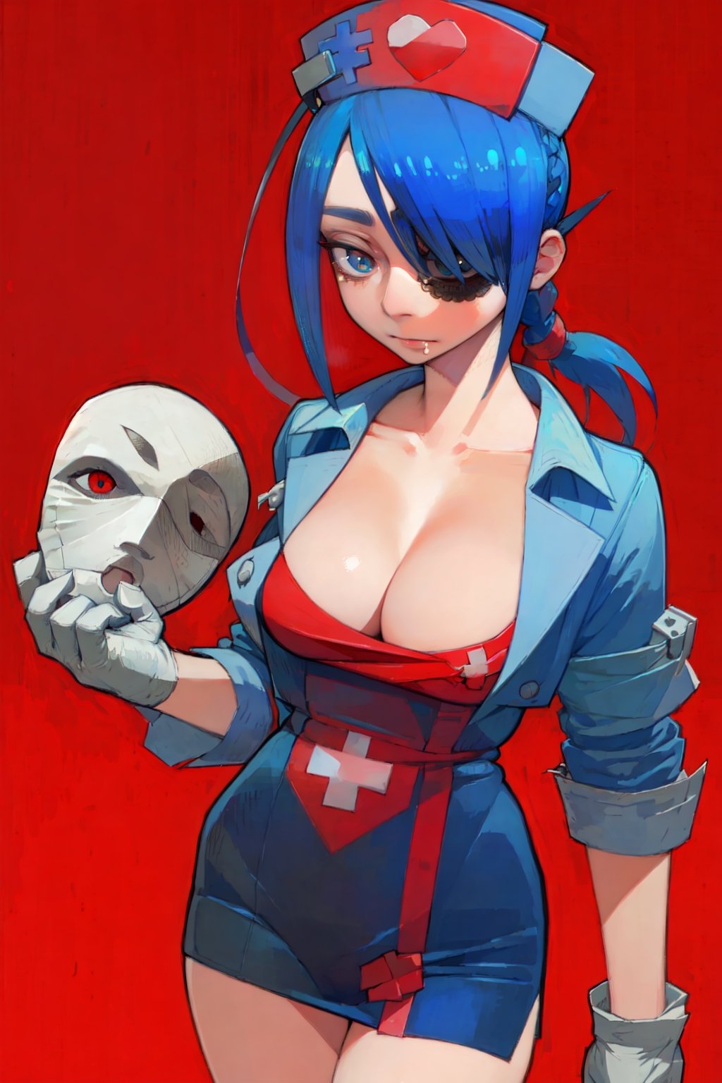 masterpiece, AGGA_ST060, 1girl, solo, breasts, large breasts, red eyes, gloves, hat, dress, cleavage, blue hair, ponytail, hair over one eye, symbol-shaped pupils, mask, short dress, eyepatch, + +, nurse cap, mouth mask, nurse, surgical mask,