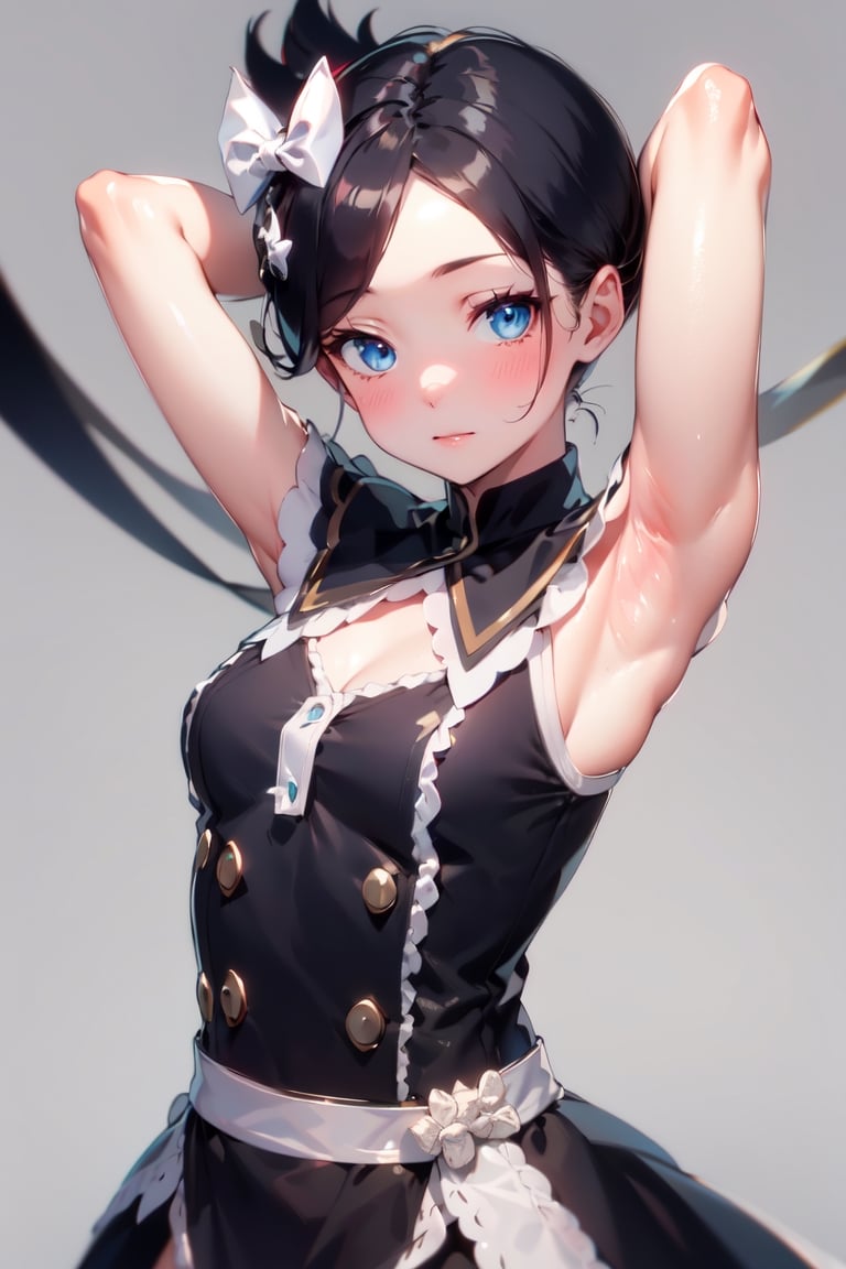 Marley_PKM, ? highres 4687517Tag? 1girl 5857101? armpits 245104? arms behind head 51606? black dress 164079? blue eyes 1727921? bound 131167? bow 912963? buttons 90737? closed mouth 736346? detached sleeves 328377? dress 1055306? eyelashes 129048? grey background 204938? hair bow 417360? pillarboxed 2853? rope 53251? sleeveless 313334? sleeveless dress 104309? solo 4531053? tied up (nonsexual) 2323? white bow 54542 
