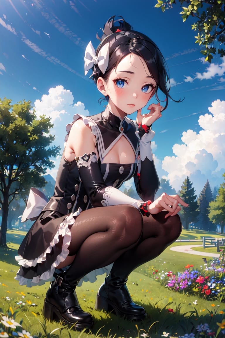 Marley_PKM, ((masterpiece)), (best quality), official art, extremely detailed CG, unity 8k wallpaper, ultra detailed,
1girl,  marley_pkm, hair bow, gothic dress, detached sleeves, black leggings, black boots, 
Squatting with hands on ankles, outdoors, full body, 
 ,