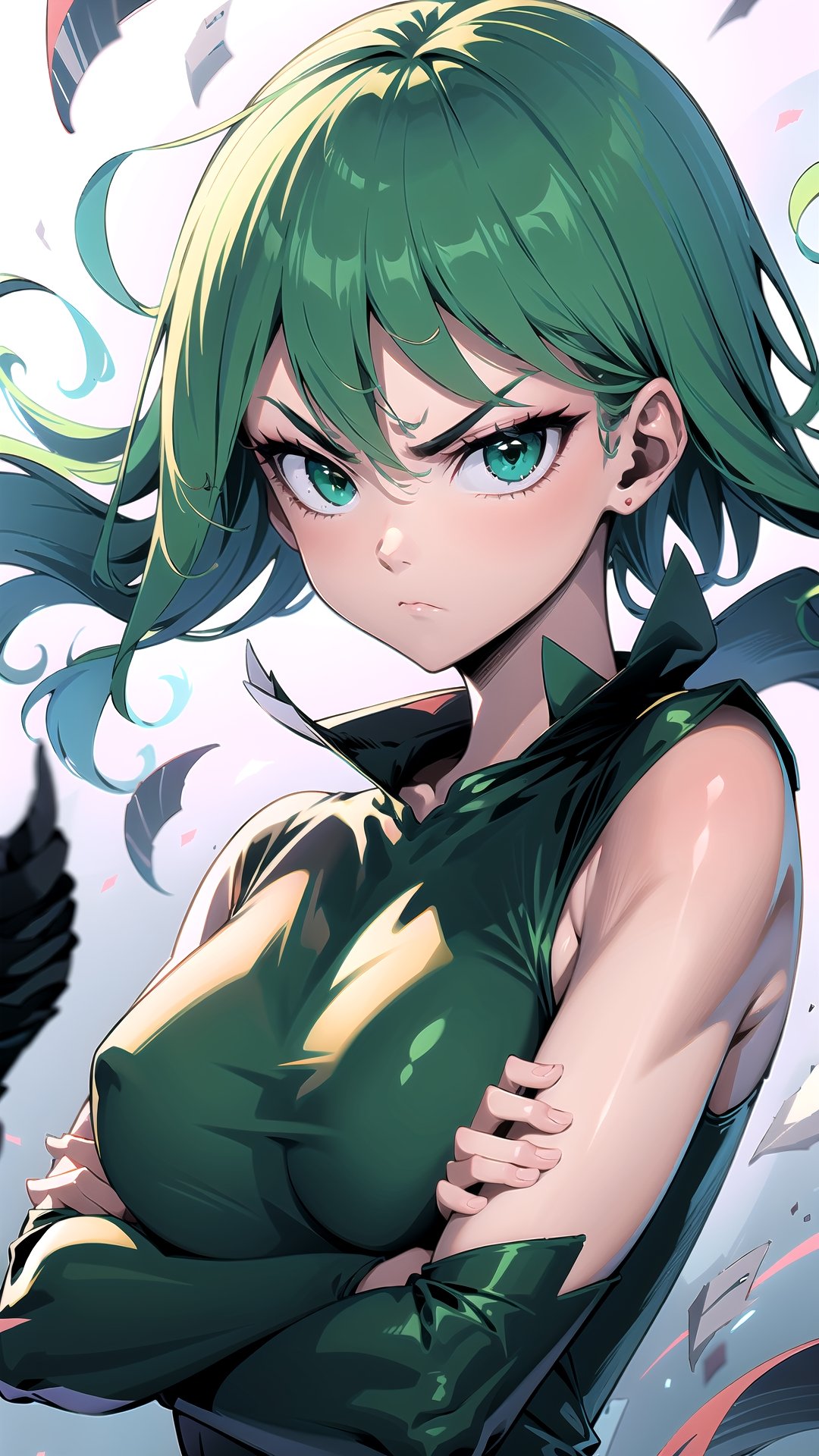 masterpiece, best quality, (detailed background), (beautiful detailed face, beautiful detailed eyes), absurdres, highres, ultra detailed, masterpiece, best quality, detailed eyes, :(, frown, green_eyes, green hair, crossed_arms, folded arms, floating, dark green tight dress, long_sleeves, high collar, ,AGGA_ST007