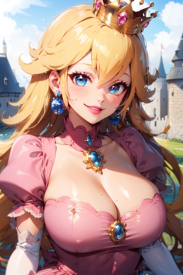 Peach_SMP, , pch, pink dress, brooch, puffy sleeves, short sleeves, smile, lipstick, elbow gloves, earrings, crown, outside of castle, large breasts, upper body, close-up,