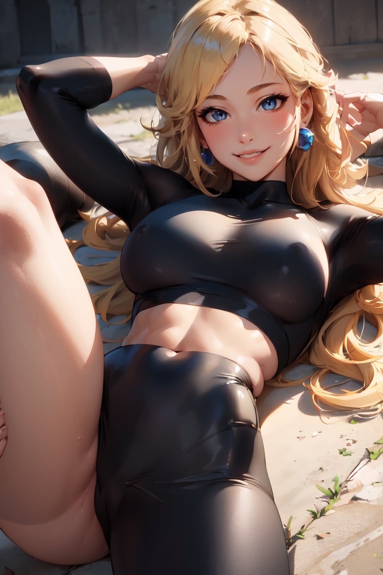 Peach_SMP, ,(Realistic:1.5) (masterpiece) 1girl, solo, smile, long hair, blonde hair, full body, Lying on back with arms extended above head, Black leggings and a crop top, 