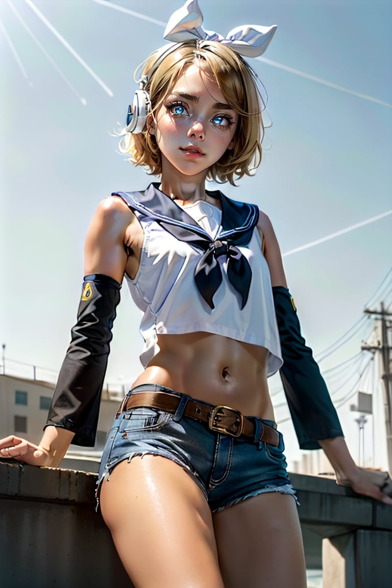 masterpiece, best quality, Rin Kagamine, glowing eyes, short hair, number tattoo, bow, white shirt, detached sleeves, belt, sailor collar, headphones, shorts, leg warmers, 