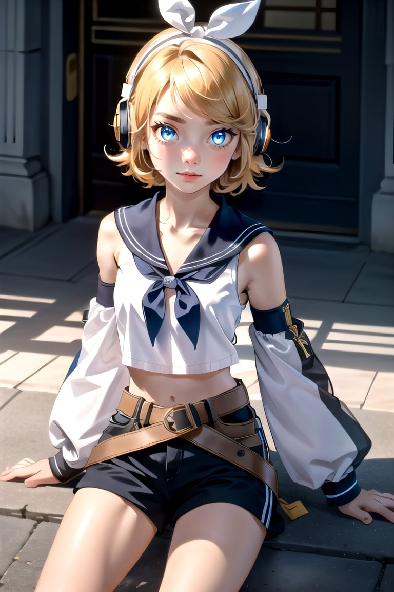 masterpiece, best quality, Rin Kagamine, glowing eyes, short hair, number tattoo, bow, white shirt, detached sleeves, belt, sailor collar, headphones, shorts, leg warmers, 