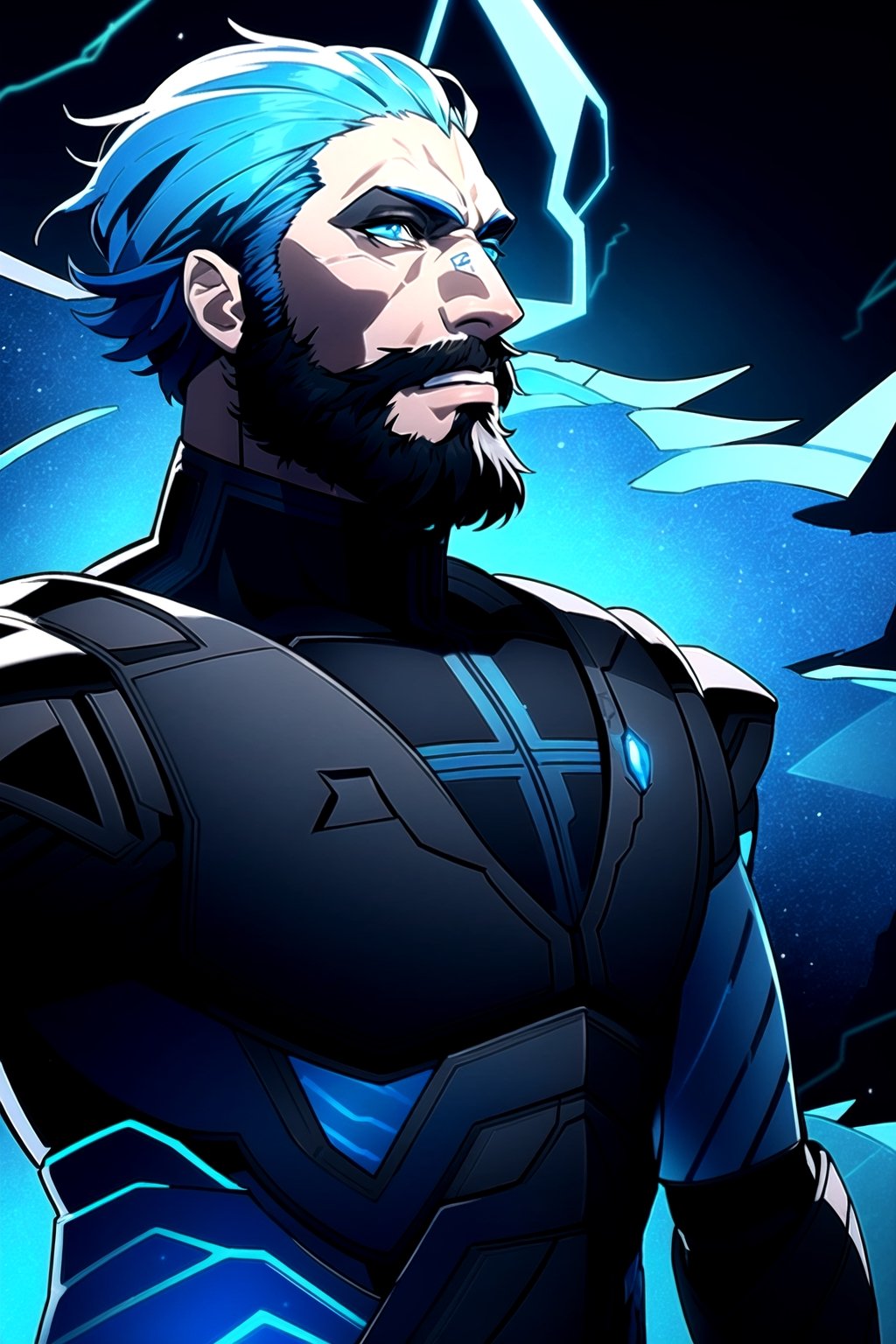AGGA_ST015,  Portrait of a bearded man wearing a supervillain suit,  black and blue colored armor,  reflective lighting,  blue lightning from the armor,  dark background, 4rmorbre4k, torn clothes,  broken armor, , , 