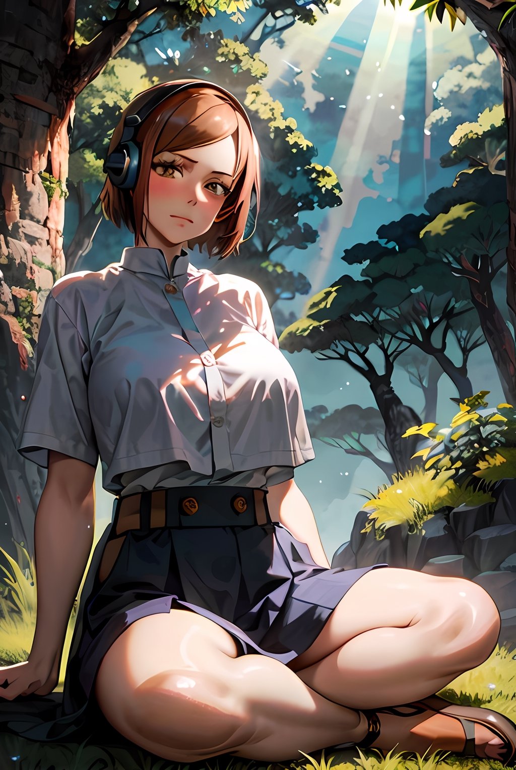 In a serene jungle, a lo-fi girl sits gracefully on a soft bed of moss, surrounded by lush greenery and tall trees. Her big, expressive eyes meet the viewer's gaze with a sense of calm and serenity. A subtle blush adorns her cheeks, reflecting her tranquil mood. She sits cross-legged, emanating a peaceful aura as she enjoys the tranquil atmosphere of the jungle. Sunlight filters through the foliage, casting gentle rays of light on her, creating an ethereal glow. The sounds of chirping birds and rustling leaves blend harmoniously with the soft tunes playing from her vintage headphones. The atmosphere is soothing and meditative, inviting viewers to take a moment of respite and connect with nature. Artwork, painted with acrylics on canvas, capturing the natural beauty and tranquility of the jungle,nobara kugisaki