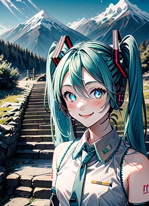(Hatsune Miku, glowing eyes), vocaloid3, upper body, smile, blush, outdoors, day, simple background, blue sky, sky, temple, looking at viewer, stairs, mountain, moody lighting, facing viewer,(Hatsune Miku