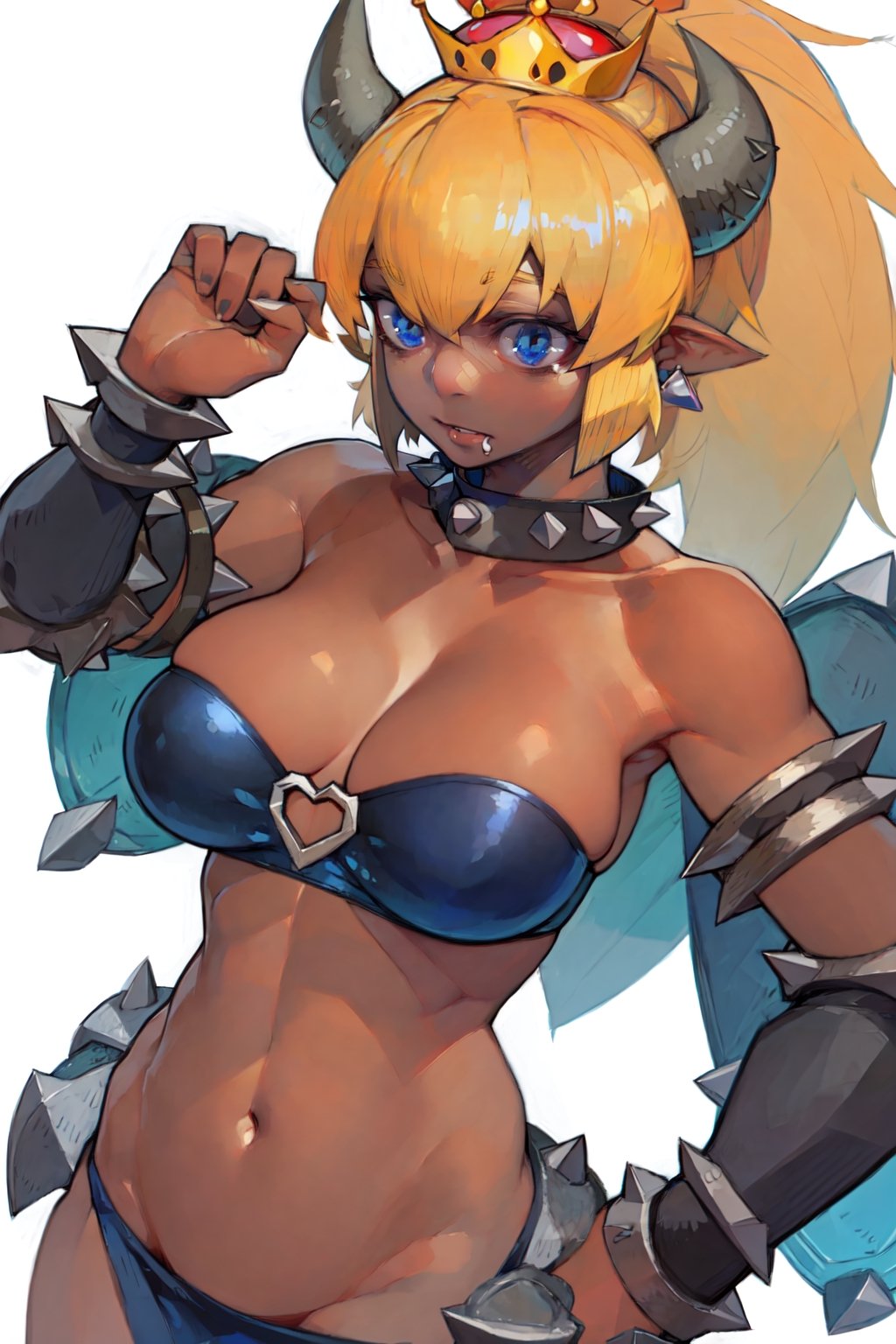 masterpiece, AGGA_ST060, 1girl, solo, breasts, blue eyes, blonde hair, large breasts, white background, cleavage, jewelry, ponytail, earrings, horns, pointy ears, fang, dark skin, collar, bracelet, dark-skinned female, strapless, covered navel, muscular, crown, spikes, armlet, muscular female, fang out, spiked bracelet, spiked collar, super crown, turtle shell, spiked armlet, spiked shell, bowsette
