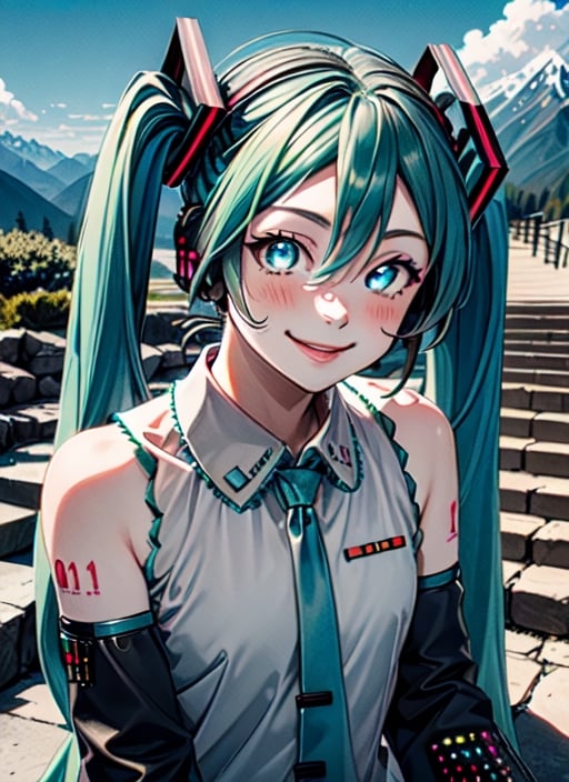 masterpiece, good lighting, perfectly detailed, best quality, masterpiece, perfectly detailed, (Hatsune Miku, glowing eyes), mikunt, upper body, smile, blush, outdoors, day, simple background, blue sky, sky, temple, looking at viewer, stairs, mountain, moody lighting, facing viewer,(Hatsune Miku