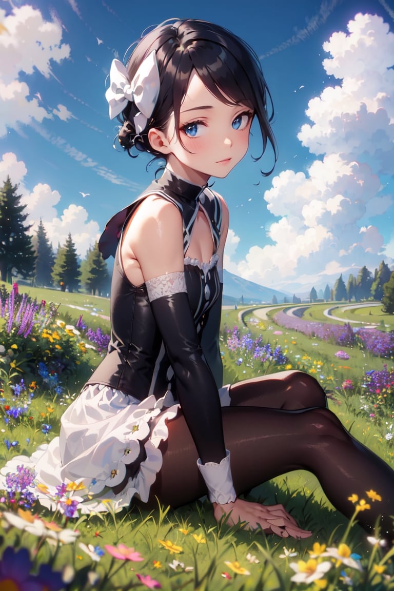 Marley_PKM, masterpiece, best quality, marley, hair bow, gothic dress, detached sleeves, black leggings, black boots, sitting on ground, looking at viewer, wildflowers, grass, clouds, arms to side 