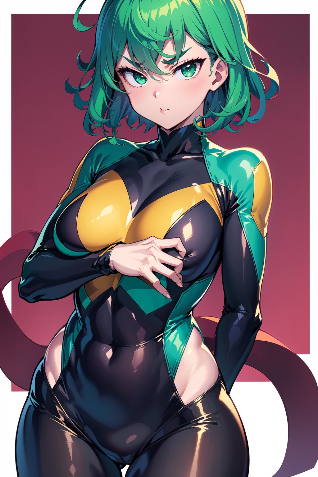 TatsumakiOPM, Green eyes, green hair, short hair, Beautiful, elegant, cowboy shot, crossed arm, pout expression, black tight clothes, sexy clothes, long sleeves,  thigh, random background, (masterpiece:1.3), (vibrant:1.2), best quality, cinematic,AGGA_ST007