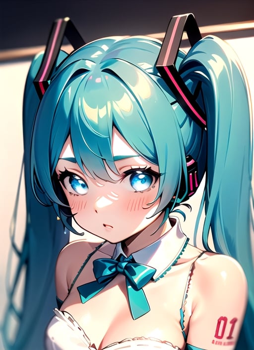 masterpiece, good lighting, perfectly detailed, best quality, masterpiece, perfectly detailed, (Hatsune Miku, glowing eyes), (Cinnamon Miku, bow on head, glowing eyes, rabbit doll with bow on head), , ,SaltBaeMeme