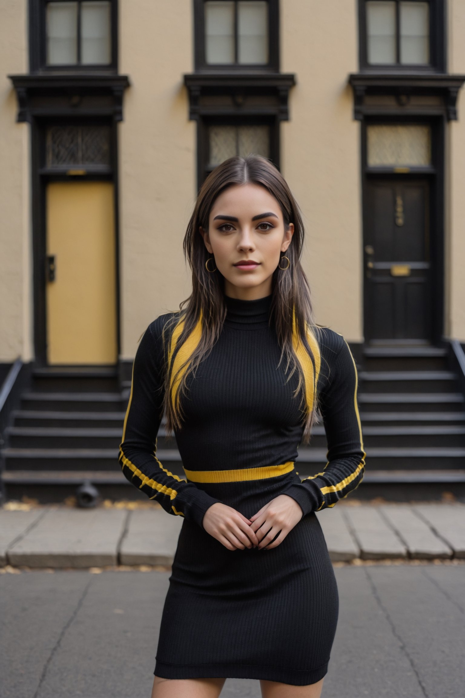 A photograph of an attractive woman wearing a black ribbed long sleeve dress with a small round neck and yellow trim. She is standing in front of an old building in the streets of New York. The photo has natural light, a soft color profile, is high quality with low contrast and a shallow depth of field.,renny the insta girl,Versace girl model