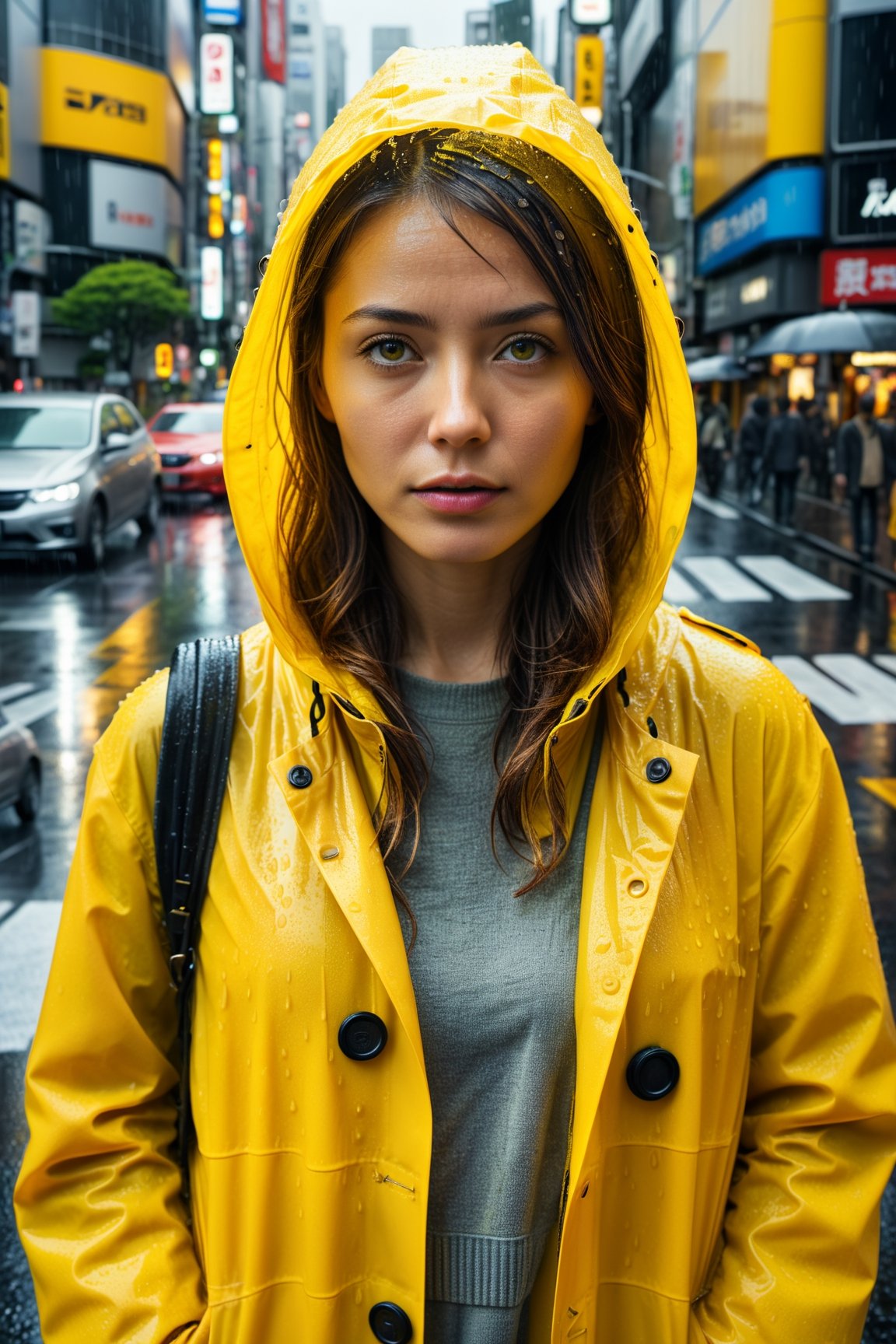 8k HDR photo portrait of a woman in a yellow raincoat, at a bustling crosswalk in shibuya, Highly Detailed, Vibrant, Production Cinematic Render, reflections on wet street, 8k render