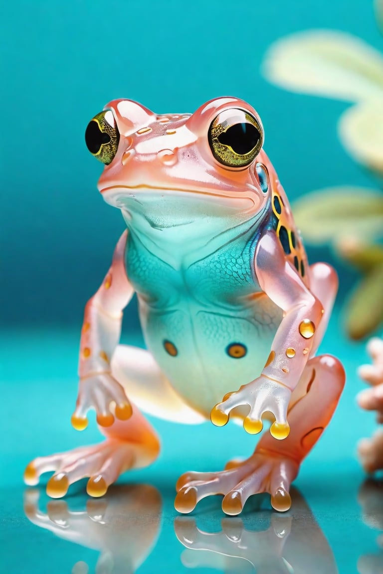 (Raw Photo:1.3) of (Ultra detailed:1.3) , (monster) 3d model of a glass frog in a beautiful turquoise ocean, in the style of translucent layers, light pink and white, shohei otomo, selective focus, made of plastic, baroque animals, macro lens