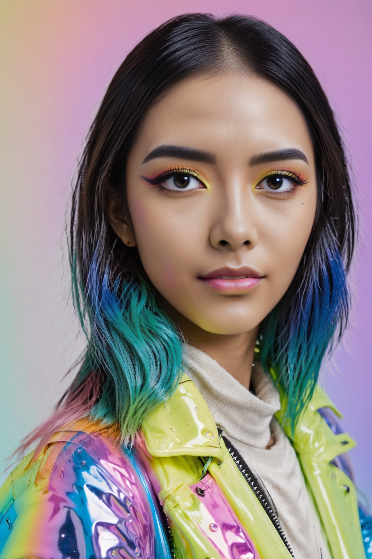 A closeup of an Asian model with sleek, straight hair in rainbow pastel colors, wearing futuristic makeup and in the style of the designer Balenciaga. The background is a soft gray gradient that creates depth and focus on her face. She has large eyes with smoky eyeshadow, and she's wearing pink lipstick. Her outfit includes iridescent plastic shoulders covered in shiny droplets of water, giving it a wet look.,renny the insta girl,Versace girl model