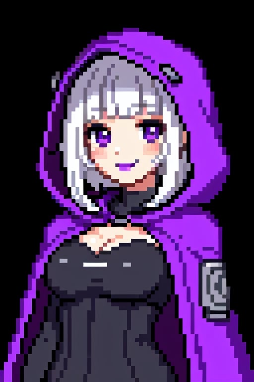 hologram,purple skin, hood, rating:safe, 1girl, solo, smile, hood up, orb, looking at viewer, hooded cloak, upper body, purple eyes, bangs, short hair, complex background, gloves, blunt bangs, blush, breasts, black background, black gloves, white hair, hooded cape, purple lips, cleavage cutout, , full scpecial effect particle and complex background , cyberpunk background style and refferences , oil pastel mix,Pixel art