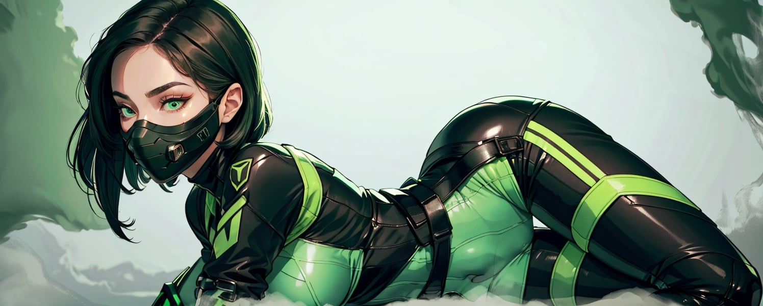 masterpiece, detailed eyes, slim body, detailed image, highly detailed, 1girl, wide_hip, narrow_waist, black hair, short_hair,valorantViper, green eyes, green_clothes, (masked), smoky_makeup, tight_clothes, bodysuit, thigh_boots, gloves, belt, respirator, camel_toe, dynamic_pose, simple_background, (green_fog:1.6), lying, from_side