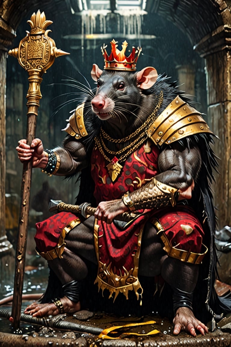 digital art 8k,  a ripped,  muscluar,  full body shot,  rabid rat sitting on a golden toilet in a dark damp sewer,  wearing a crown,  the rat king is holding a large sledge hammer over its shoulder. The rat king should have scars,  wounds from battle,  war tattoos,  gold chains around his neck. The rat king should have ((text "kingrat_" text)) tattooed on his arm.((text "2024" text)) text logo should be tattooed on his other arm. The rat king should have rat feet. , long sharp talons, matted fur, 1 long thin tail, evil looking, long nose

The rat king should look aggressive and defiantly at the viewer.