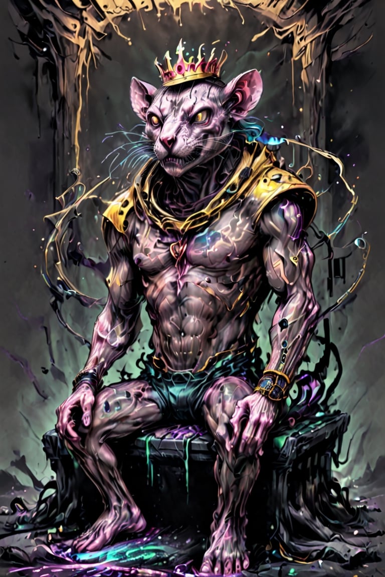digital art 8k,  a ripped,  muscluar,  humanoid rat sitting on a golden toilet in a dark damp sewer,  wearing a crown,  the rat king is holding a large sledge hammer over its shoulder. The rat king should have scars,  wounds from battle,  war tattoos,  gold chains around his neck. The rat king should have ((text "kingrat_" text)) tattooed on his arm.((text "2024" text)) text logo should be tattooed on his other arm. The rat king should have rat feet.

The rat king should look aggressive and defiantly at the viewer.
resolution,FFIXBG,Circle,monster,DonMF43XL,cyborg style