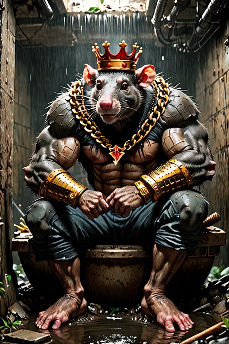 digital art 8k,  a ripped,  muscluar,  humanoid rat sitting on a toilet in a dark damp sewer,  wearing a crown, the rat king is weilding a large sledge hammer over its shoulder. The rat king should have scars, wounds from battle, war tattoos, gold chains around his neck. The rat king should have "kingrat_" text logo tattooed on his arm. "2024" text logo should be tattooed on his other arm.

The rat king should look aggressive and defiant.,band_bodysuit,Movie Still,Text