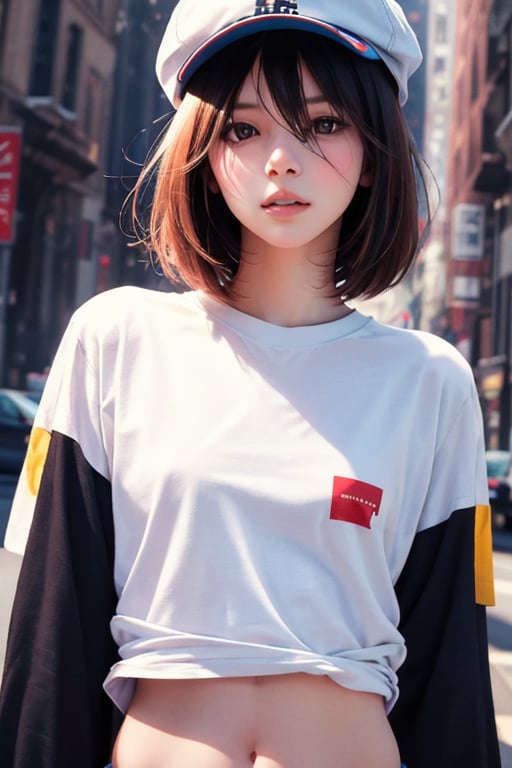 editorial photography,super detailed background,Super realistic,double exposure,depth of field,stylish fashion model vibes,soft focus tone,narrative scene,beautiful skinny female,negative fill,very-short bob hairstyle,portrait photo,Plain long-sleeved T-shirt,navel,cap,