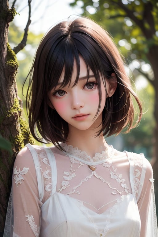 editorial photography,super detailed background,Super realistic,double exposure,depth of field,pure-hearted innocent vibes,soft focus tone,narrative scene,skinny beauty,super short straight hairstyle,behind the giant tree,