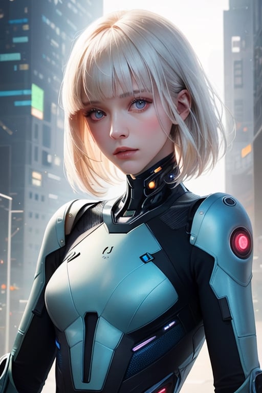 super detailed,Super realistic,immense Pretty face,double exposure,editorial photograph,very beautiful intelligent skinny,fashion model pose,very short blunt Bangs,future cyber punk android exhibition,SCI-FI,Hybrid material luminous suit,bizarre hair style,albino,waist shot,