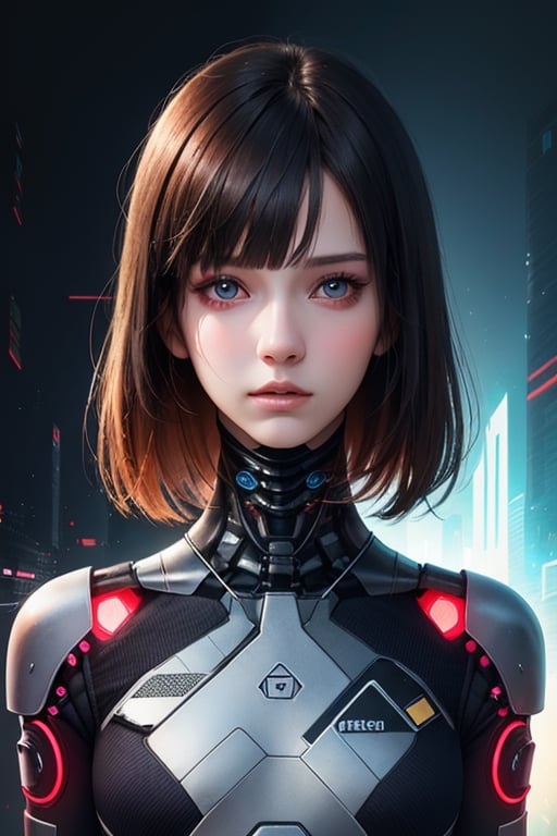 super detailed,Super realistic,immense Pretty face,double exposure,editorial photograph,very beautiful intelligent skinny,fashion model pose,very short blunt Bangs,future cyber punk android exhibition,SCI-FI,Hybrid material luminous suit,bizarre hair style,dark tone,