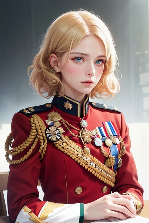 editorial photography,super detailed background,Super realistic,double exposure,depth of field,fashionable vibes,soft focus white tone,narrative scene,skinny,cinnamon curl blonde hair,military uniform,portrait photo,ranks, medals,Lieutenant General,