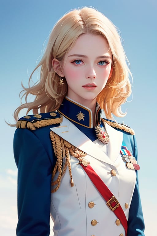 editorial photography,super detailed background,Super realistic,double exposure,depth of field,fashionable vibes,soft focus white tone,narrative scene,skinny,cinnamon curl blonde hair,military uniform,portrait photo,ranks, medals,Lieutenant General,