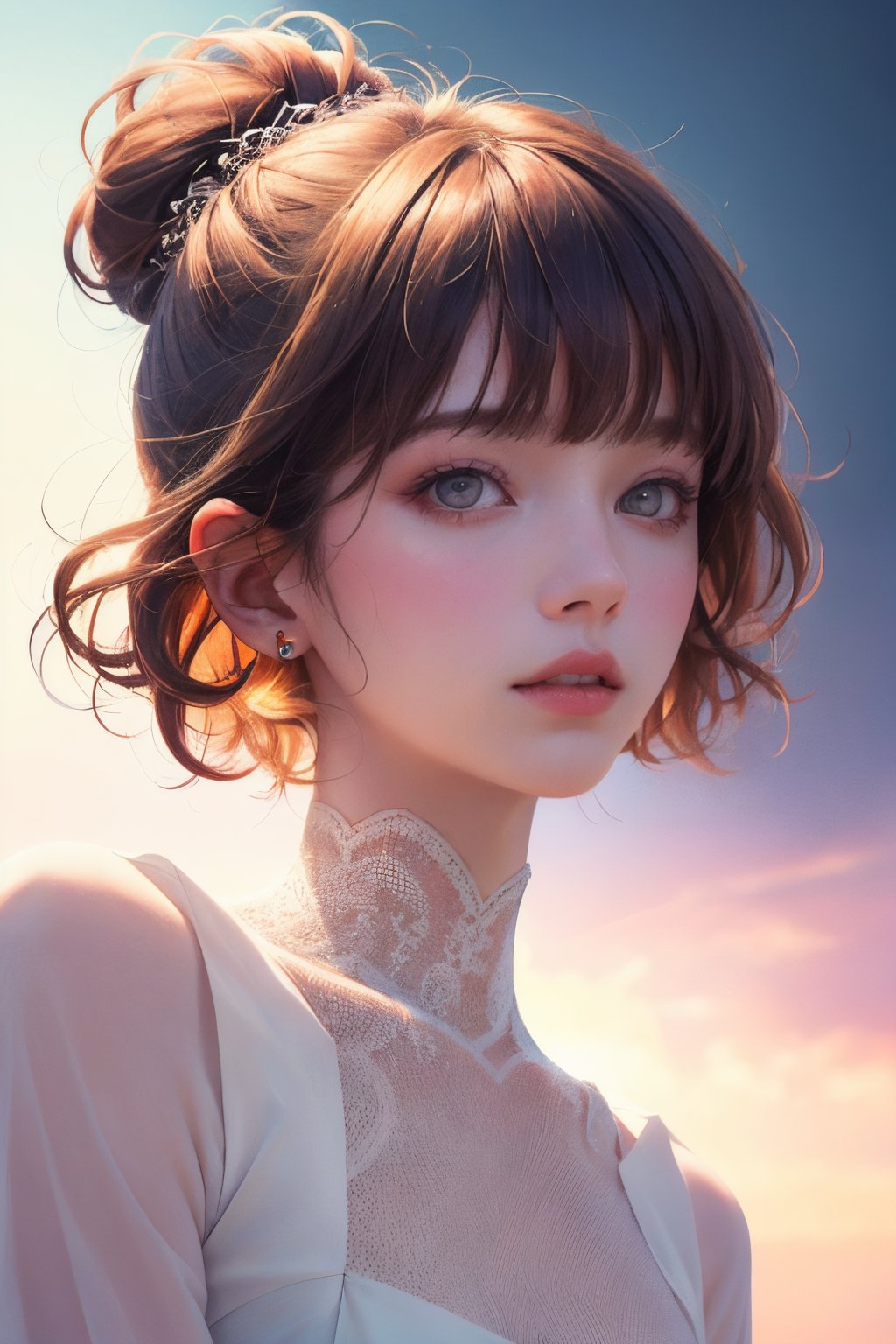 editorial photography,super detailed background,Super realistic,double exposure,depth of field,stylish fashion model vibes,soft focus pastel colour tone,narrative scene,beauty skinny,topknot short hair,curly bangs,ultra-thin eyes,open glossy thin lips,sci-fi,