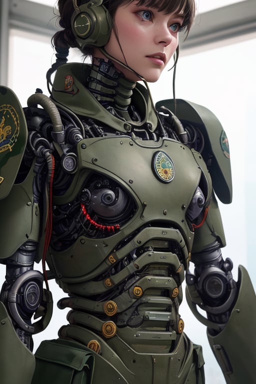 editorial photography,super detailed background,Super realistic,double exposure,depth of field,beauty vibes,soft focus tone,narrative scene,skinny,enamel cyborg with a Detailed camouflage paisley pattern body,military training in progress,in action,Maschinen Krieger,emblem,