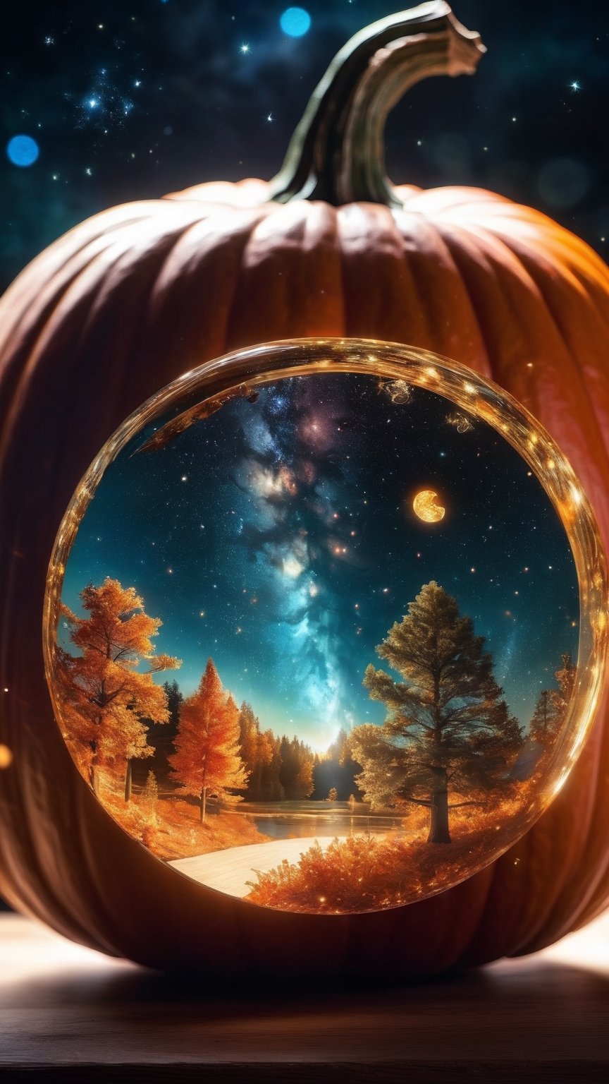 lovely double exposure image by blending together the Galaxy and a glass pumpkin. The Galaxy and stars should serve as the underlying backdrop, with its details subtly incorporated into the glossy glass pumpkin, sharp focus, double exposure, glossy glass pumpkin, (translucent glass figure of an pumpkin) (Galaxy inside) lifeless, dead, glass apple, earthy colors, decadence, intricate design, hyper realistic, high definition, extremely detailed, dark softbox image, raytracing, cinematic, HDR, photorealistic (double exposure:1.1)