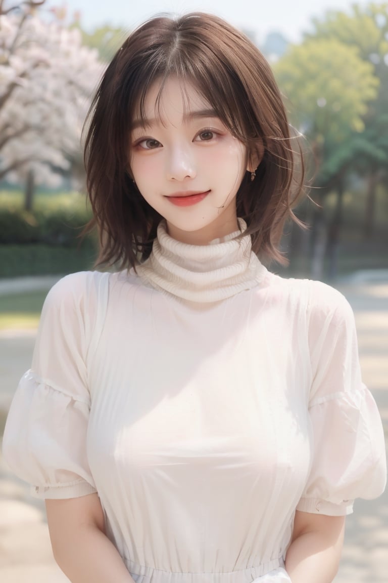 1girl, solo, short hair, brown hair, hair ornament, dress, brown eyes, upper body, flower, outdoors, day, ((white high turtle neck dress)), blurry, lips, huge breasts, emphasis on breasts curve, blurry background, looking at viewer, shy smile, realistic,dreamgirl,hk_girl